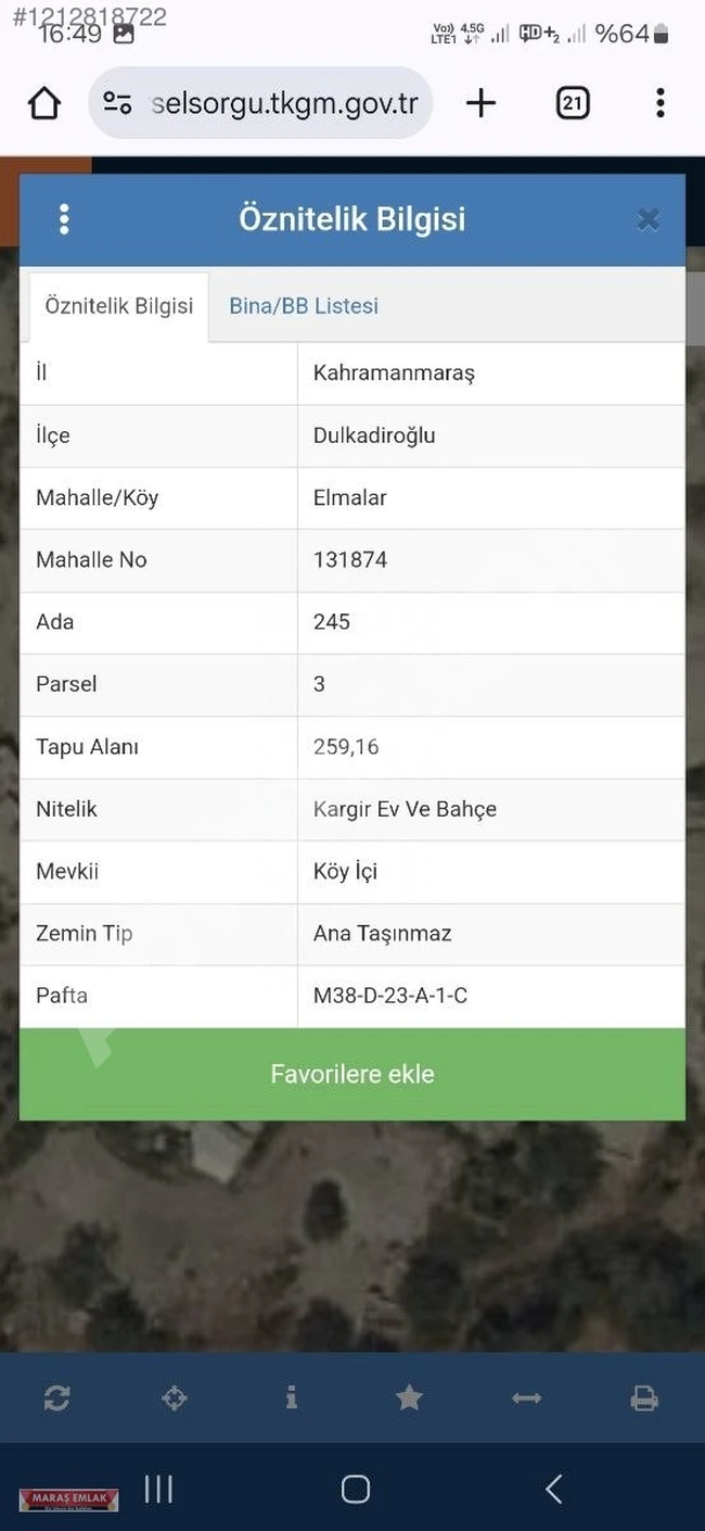 MARAŞ EMLAKTAN ELMALARDA ACİL SATILIK TEK TAPU BAHÇE