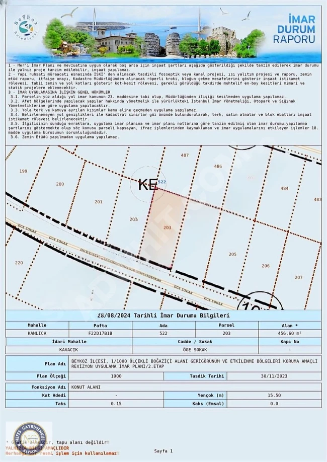 A constructed land in the best area of Kavacık, in the Kaptanlar neighborhood