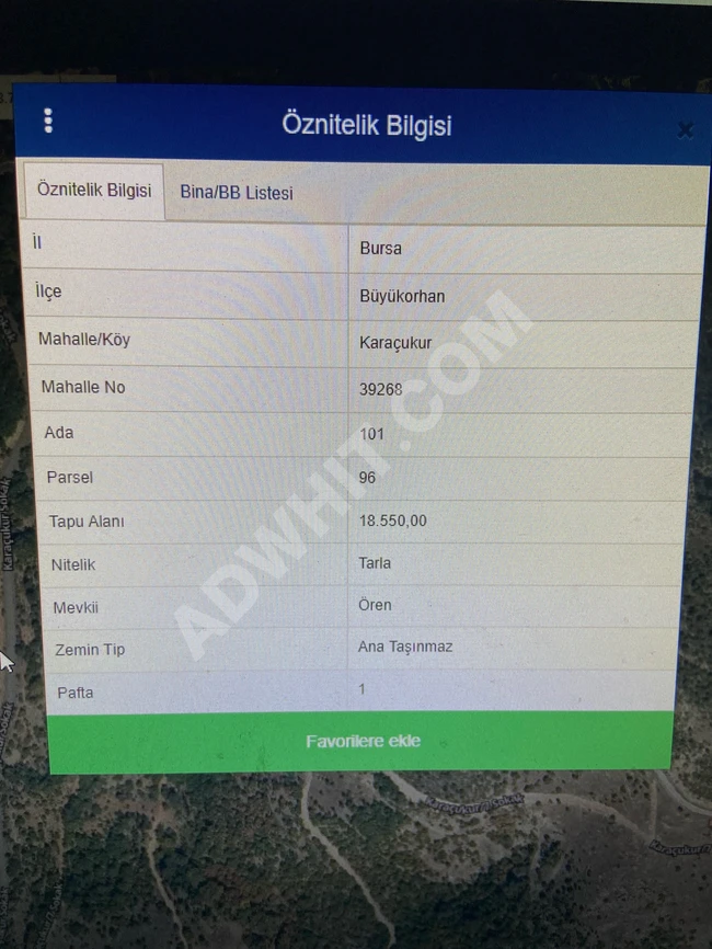 أرض مساحتها 18,550 متر مربع مع عقد ملكية واحد في  قرية BURSA BÜYÜKORHAN قرية KARAÇUKUR KÖYÜ  على القمة.