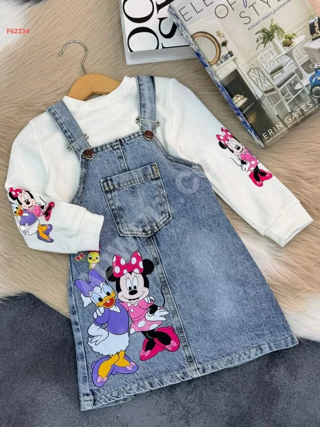 Girls' denim overalls and long-sleeve sweater set.