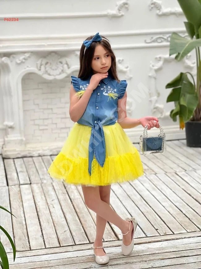 Girls' tulle skirt set with embroidered denim shirt.