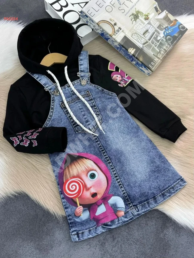 Girls' set with denim overalls and long-sleeve blouse