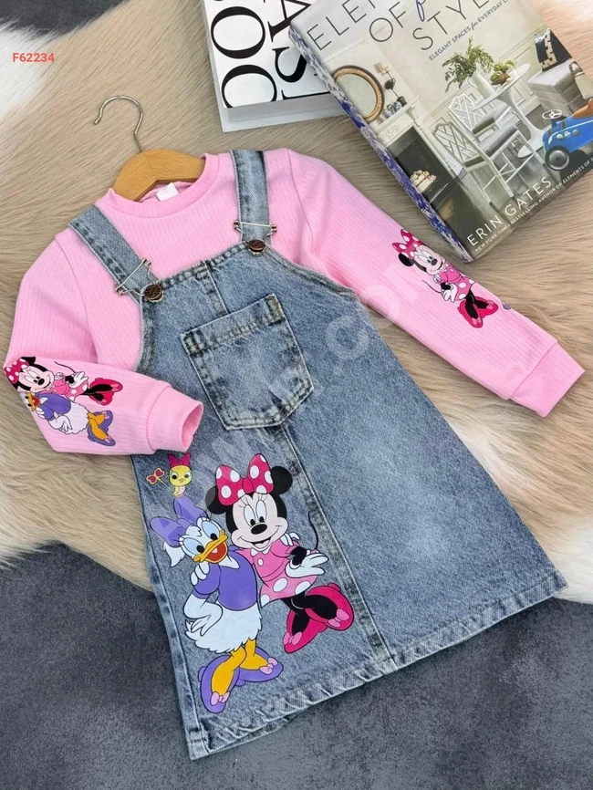 Girls' denim overalls and long-sleeve sweater set.