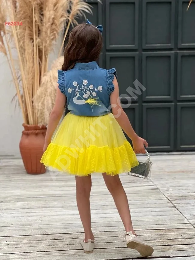 Girls' tulle skirt set with embroidered denim shirt.