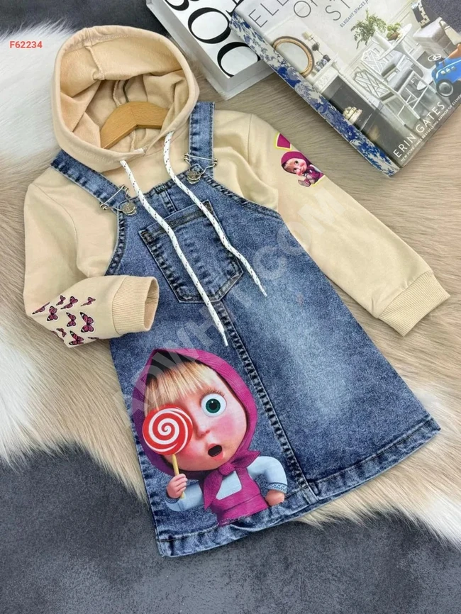 Girls' set with denim overalls and long-sleeve blouse