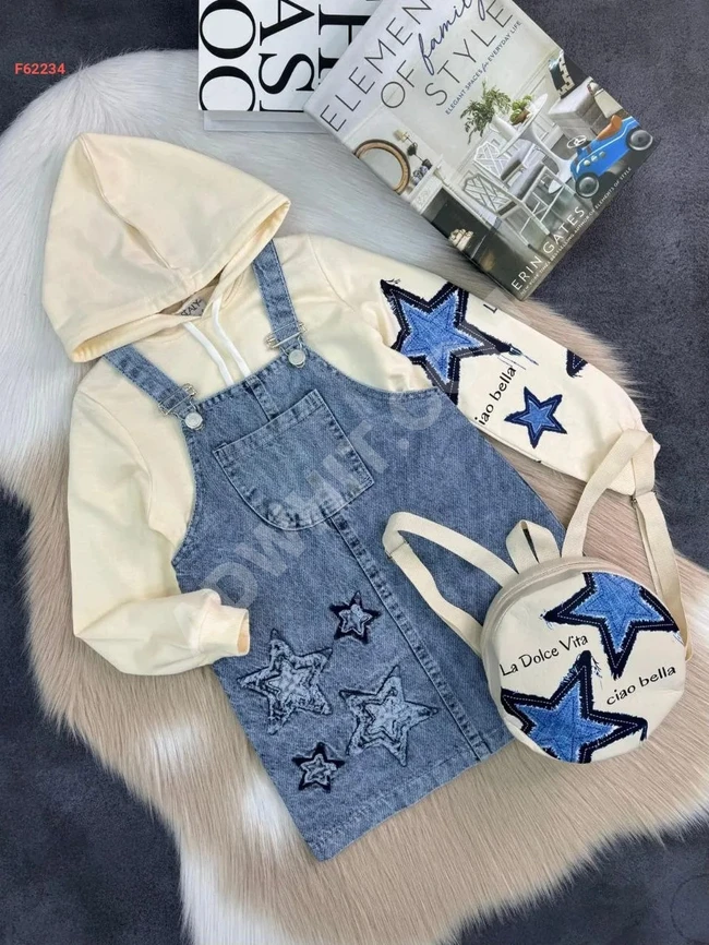 Girls' set of denim overalls, sweater, and bag