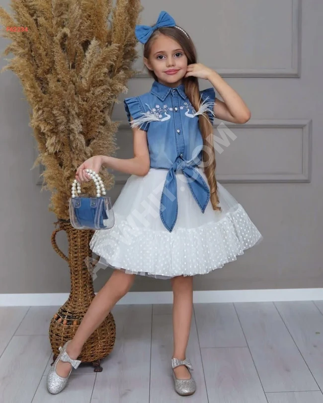 Girls' tulle skirt set with embroidered denim shirt.