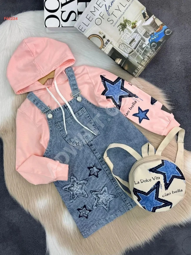 Girls' set of denim overalls, sweater, and bag