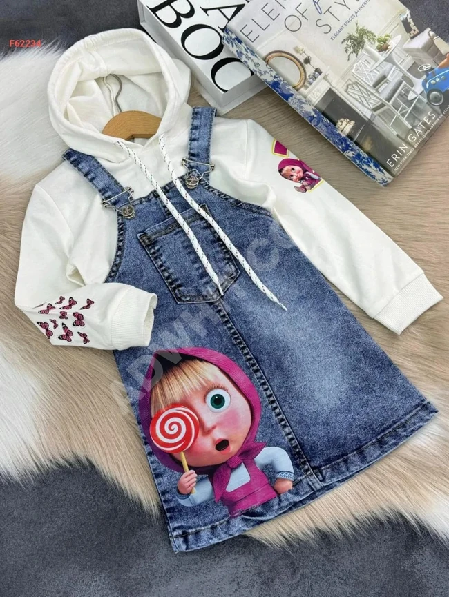 Girls' set with denim overalls and long-sleeve blouse