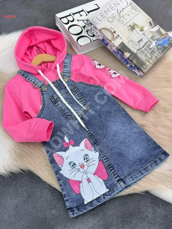 Girls' set: denim jumpsuit and long-sleeve sweater