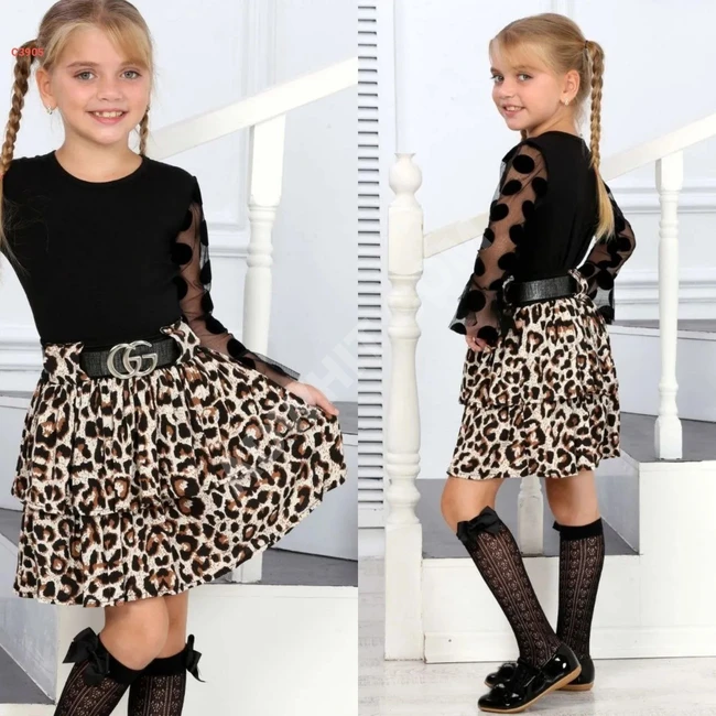 Tiger Skirt Set with Chiffon Sleeve Blouse and Belt