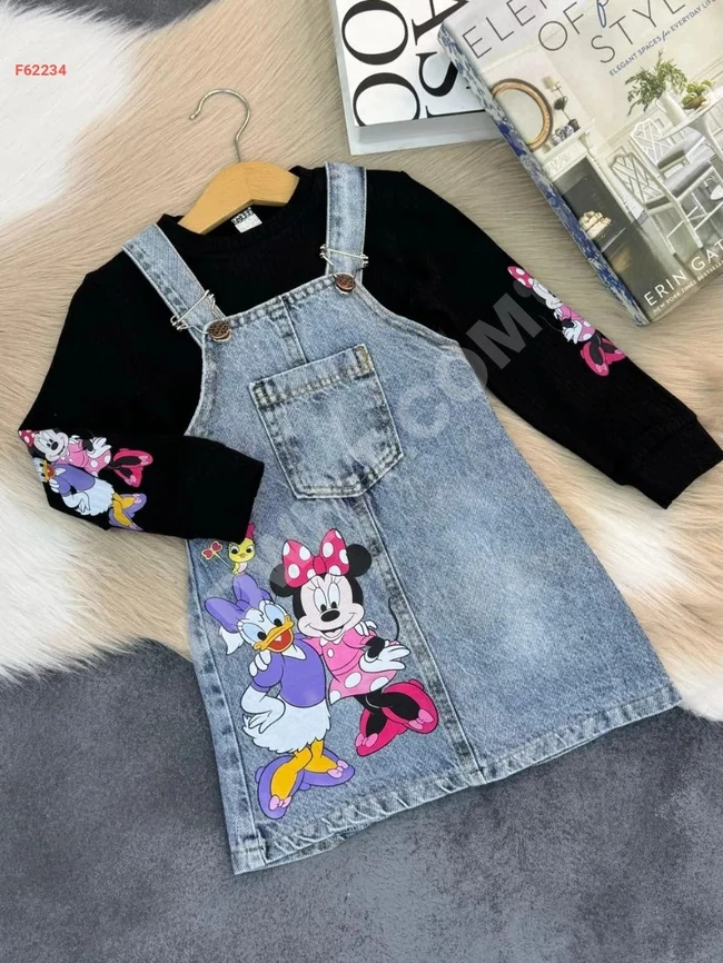 Girls' denim overalls and long-sleeve sweater set.