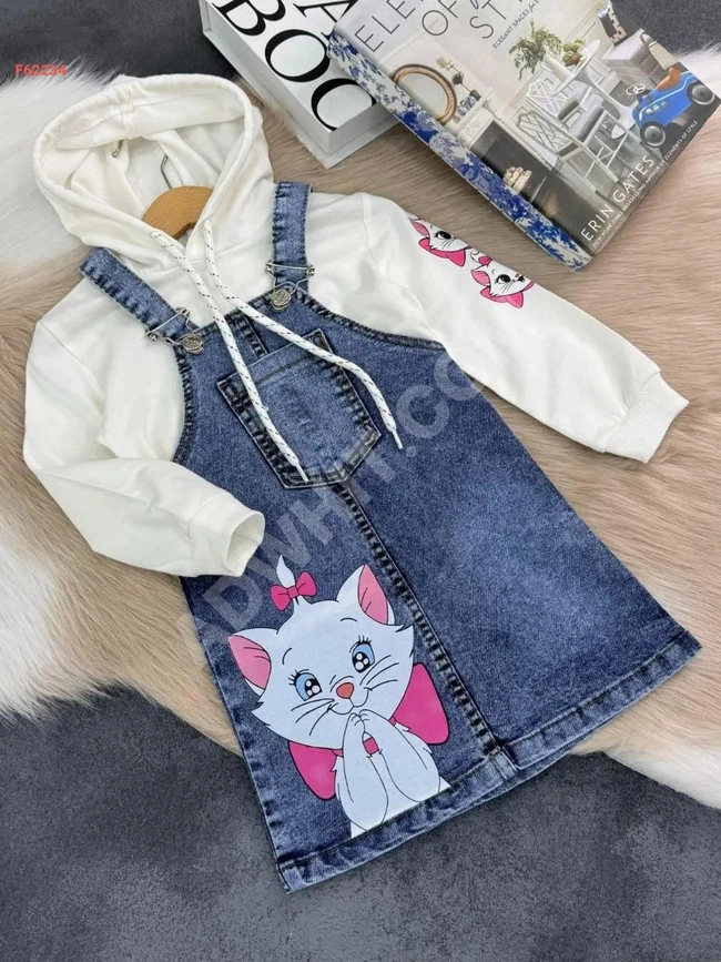 Girls' set: denim jumpsuit and long-sleeve sweater