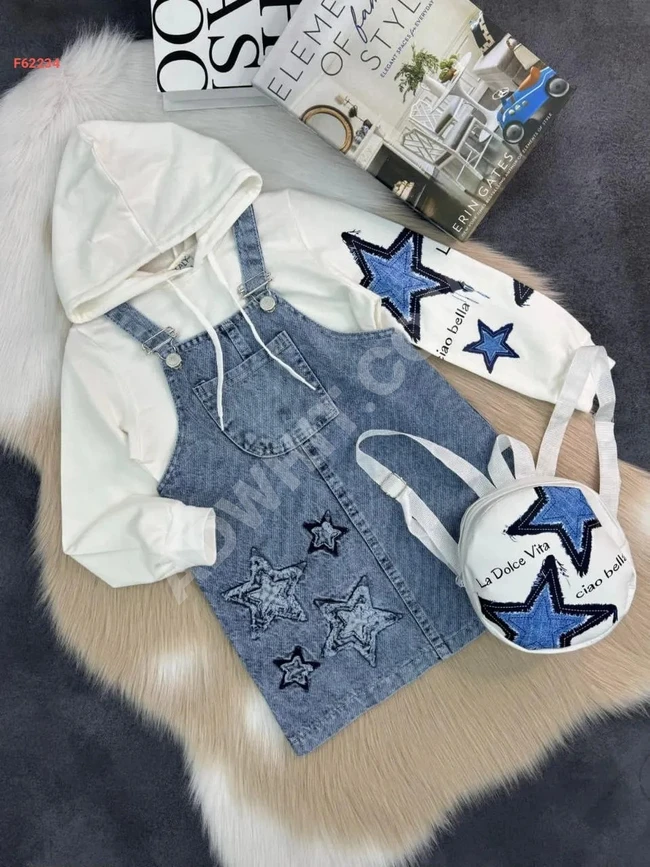 Girls' set of denim overalls, sweater, and bag