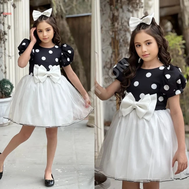 Girls' half-sleeve polka dot dress for parties