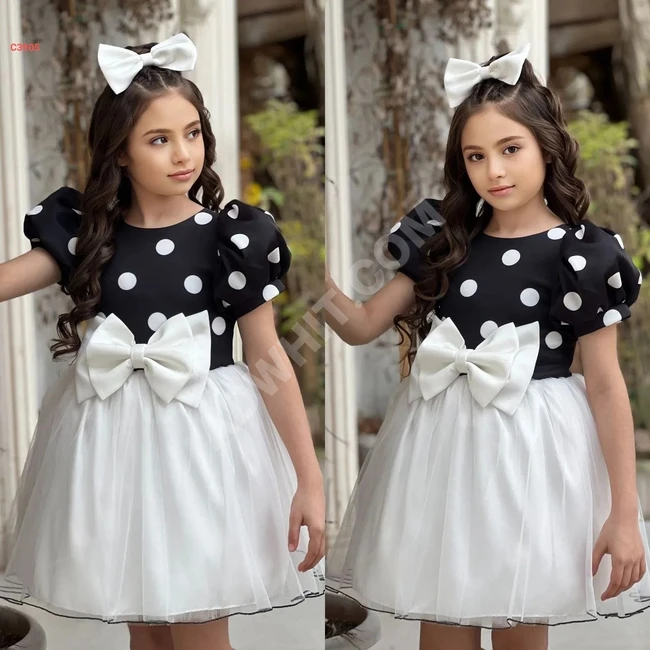 Girls' half-sleeve polka dot dress for parties