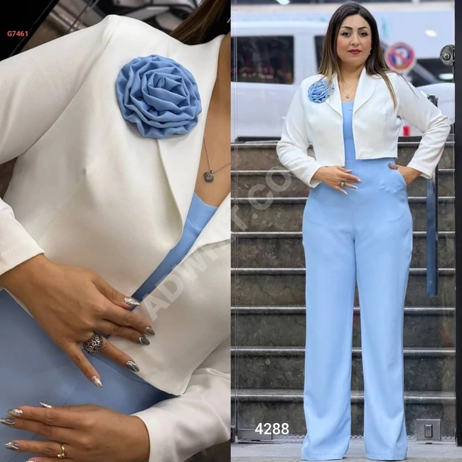 Jumpsuit set with jacket and a flower brooch