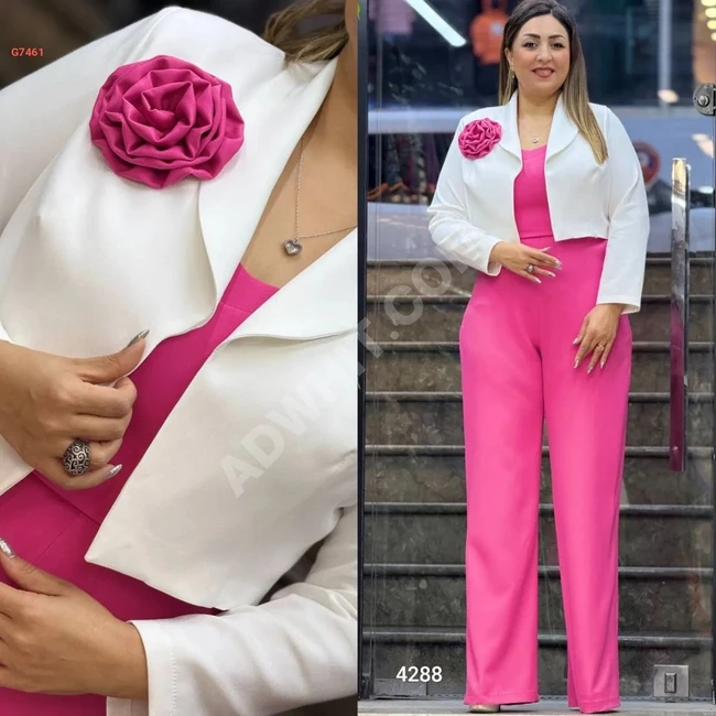 Jumpsuit set with jacket and a flower brooch