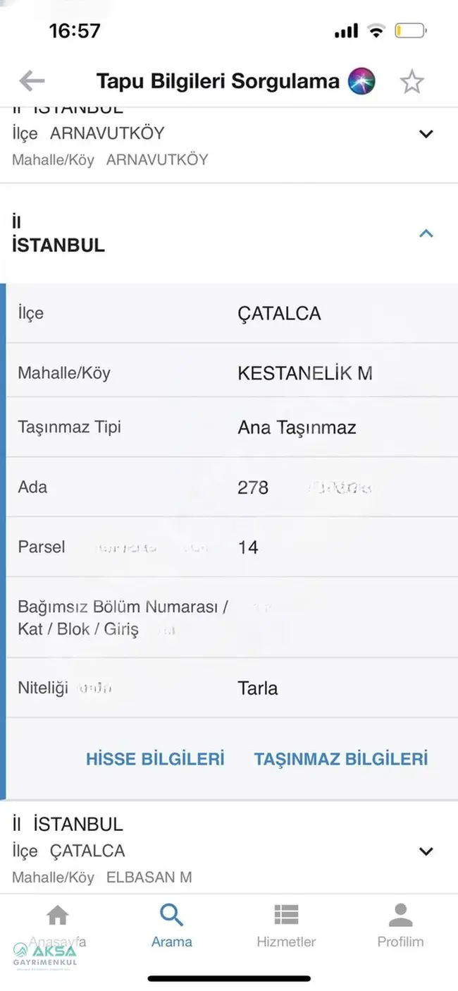 İSTANBUL ÇATALCA KESTANELİK SATILIK 845 m2 ARSA TARLA