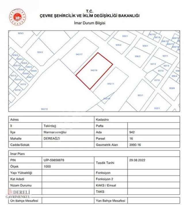 MARMARAEREĞLİSİ DEREAĞZI MAH. SATILIK 160 m² VİLLA İMARLI ARSA