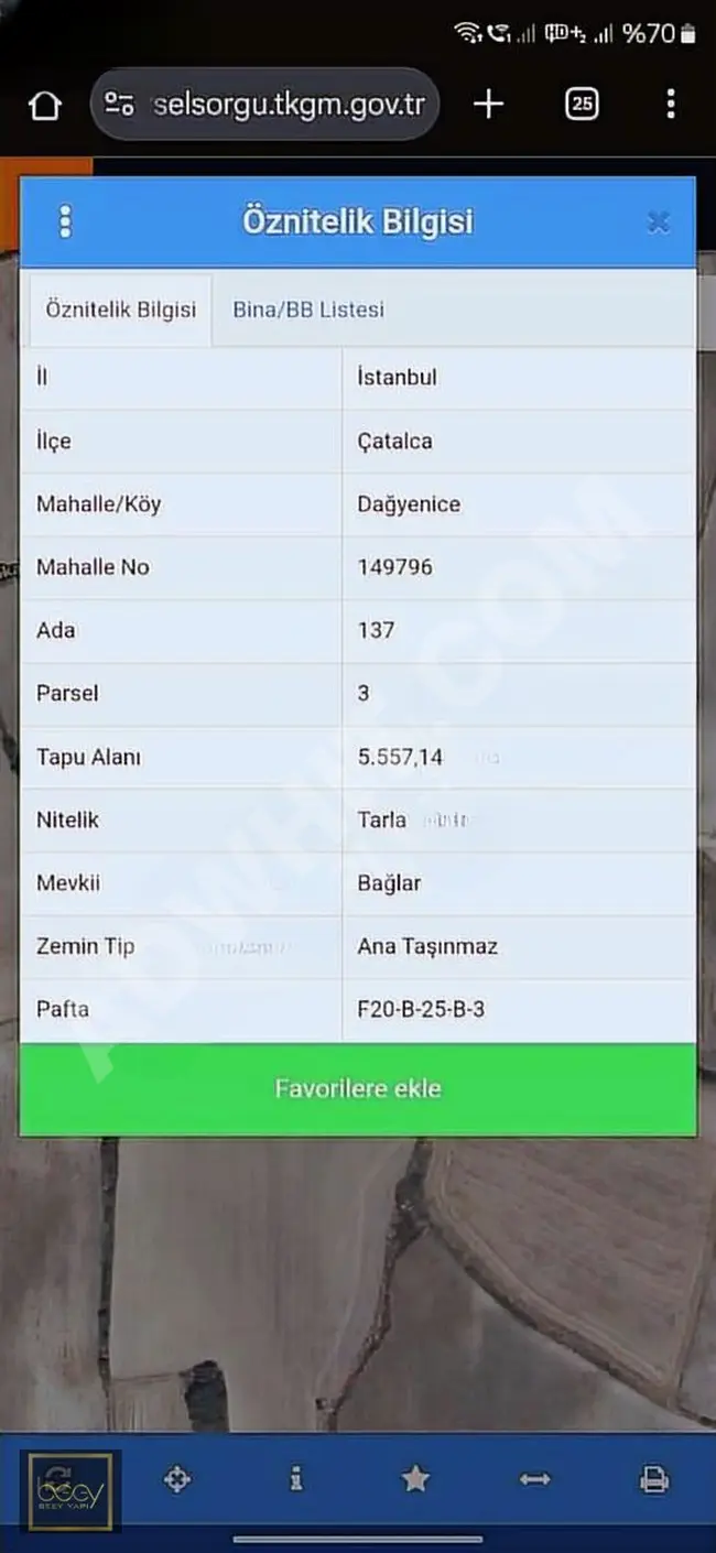 SATILIK 265 MT ÇEVRİLİ ELEKTRİK SU MEVCUT