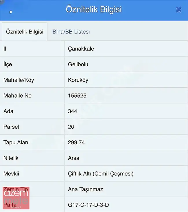 Land with an area of 300m2 for sale in ÇANAKKALE GELİBOLU KORUKÖY