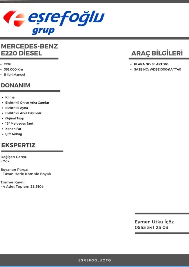 MERCEDES-BENZ E220 موديل 1996 ديزل, مكيفة, بدون مصاريف وبدون عيوب - EŞREFOĞLU