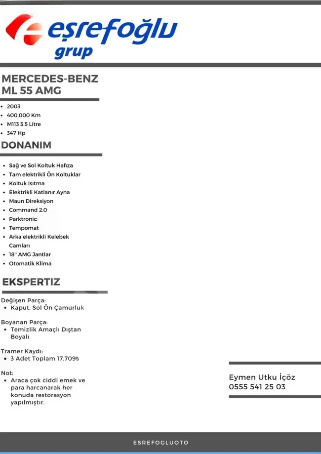 MERCEDES-BENZ ML 55 AMG موديل 2003, بقوة 347 حصان, FACELİFT , بدون نظام غاز, بدون مصاريف- EŞREFOĞLU