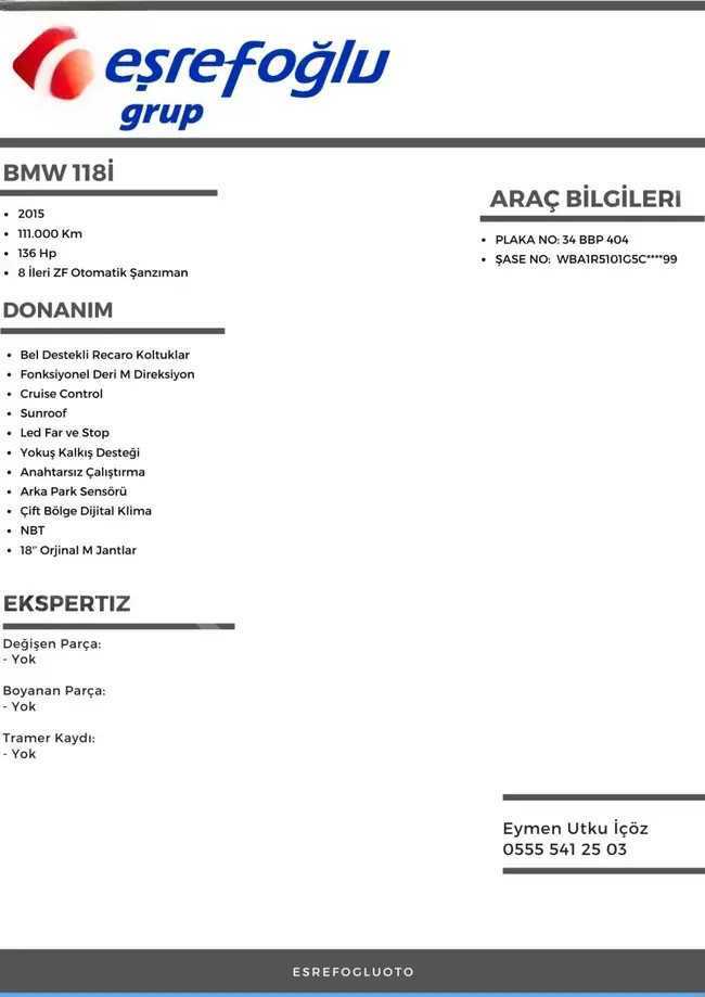 BMW 118i موديل 2015, عداد 111.000 كم, بدون طلاء, شاشة NBT, جنوط M, مقود M - من EŞREFOĞLU