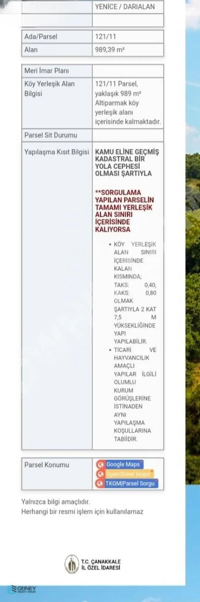 GÜNEY EMLAKTAN ÇANAKKALE YENİCE DARIALANDA 993 M2 İMARLI ARSA