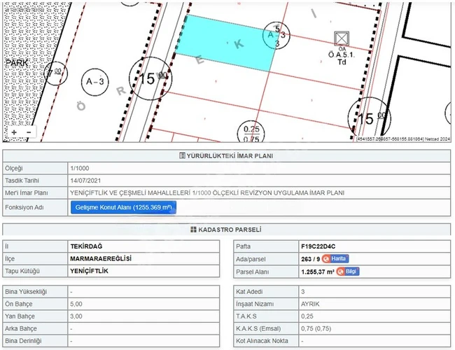 A plot of land for sale in the architectural area of YENİÇİFTLİK, in the district of TEKİRDAĞ MARMARAEREĞLİSİ.