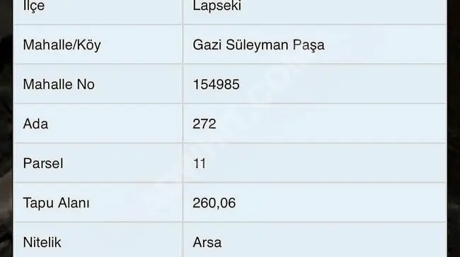 ÇANAKKALE LAPSEKİ DE DENİZE 300 METRE İMARLI KUPON ARSA