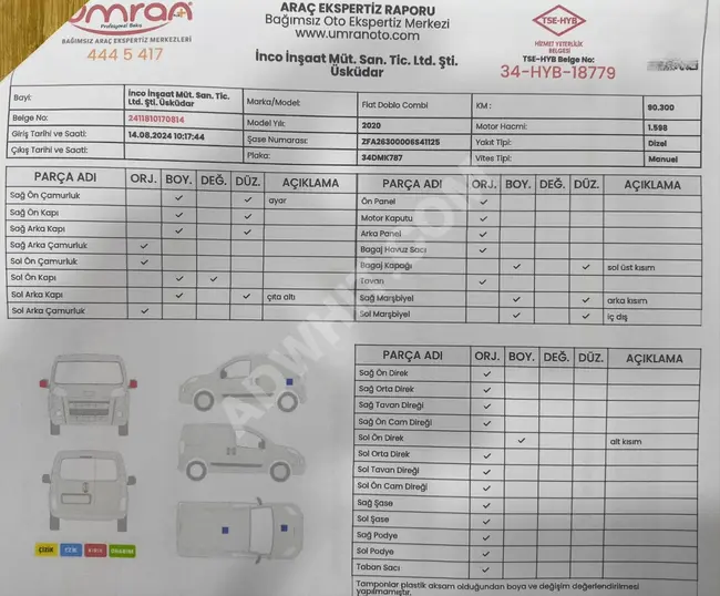 ميني فان FİAT DOBLO 1.6 MULTİJET URBAN موديل 2020 بقوة 120 حصان بمسافة "90.400 كم"