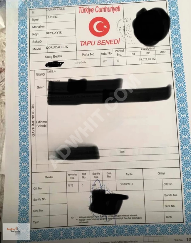 ÇANAKKALE LAPSEKİ DE BEYÇAYIR KÖYÜNDE YATIRIMLIK ARAZİ 19,022M2
