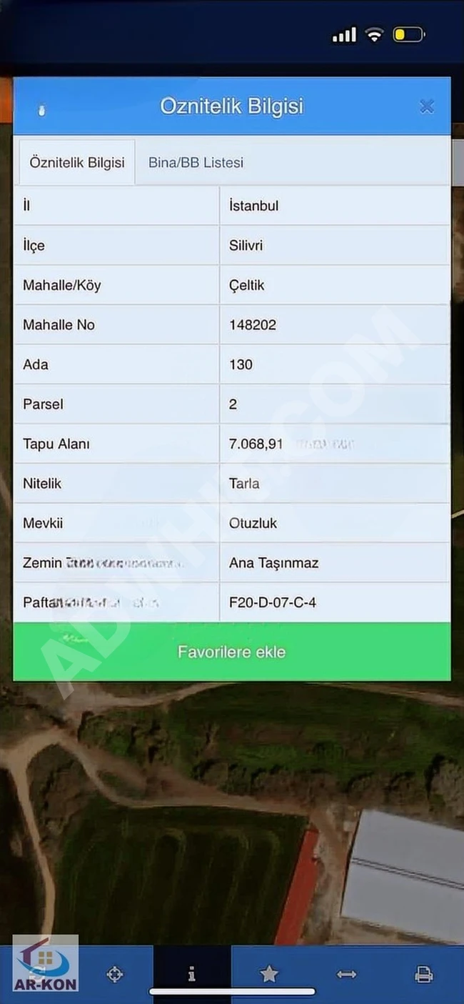 AR-KON DAN RESMİ YOLA CEPHE 7.068 M2 UYGUN FİYATA