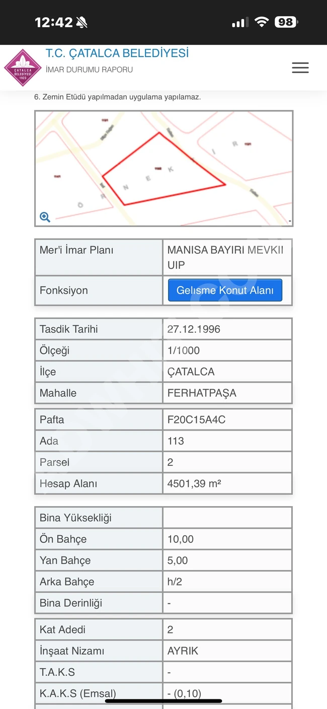 قطعة أرض بمساحة 650 متر مربع بمخطط عمراني في Çatalca حي Ferhatpaşa