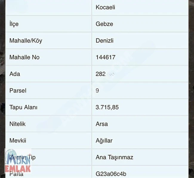DENİZLİ MAH 3715 M2 MÜSTAKİL TAPU SATILIK ARSA