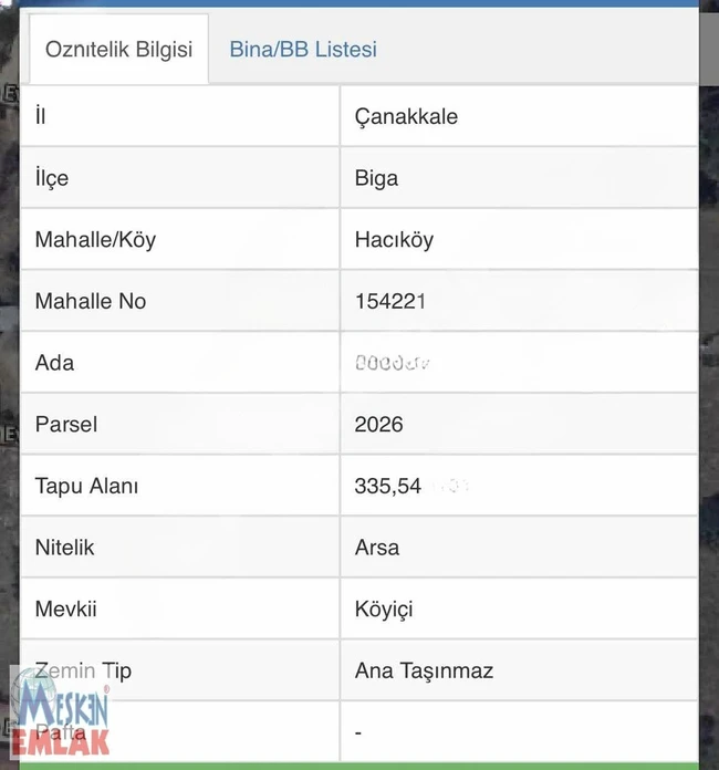 أرض مستقلة للبيع بمساحة 335 متر مربع في BİGA HACIKÖY