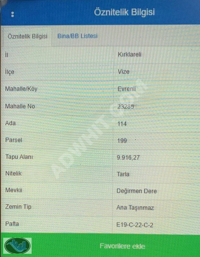 أرض زراعية على الطريق الرئيسي بمساحة 9916 م² في VİZE EVRENLİ