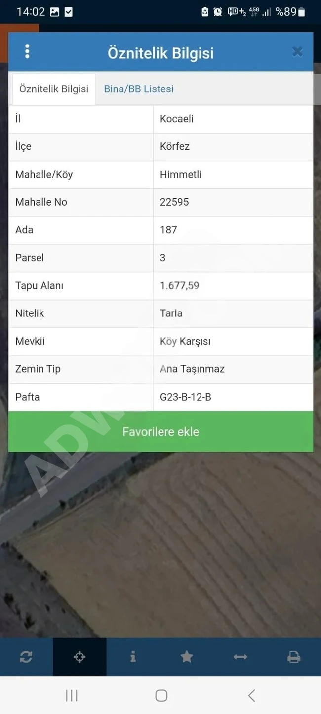 Kocaeli Körfez Himmetlide Satılık 1.677m2 Köy Karşısı %5 İmarlı Tarla