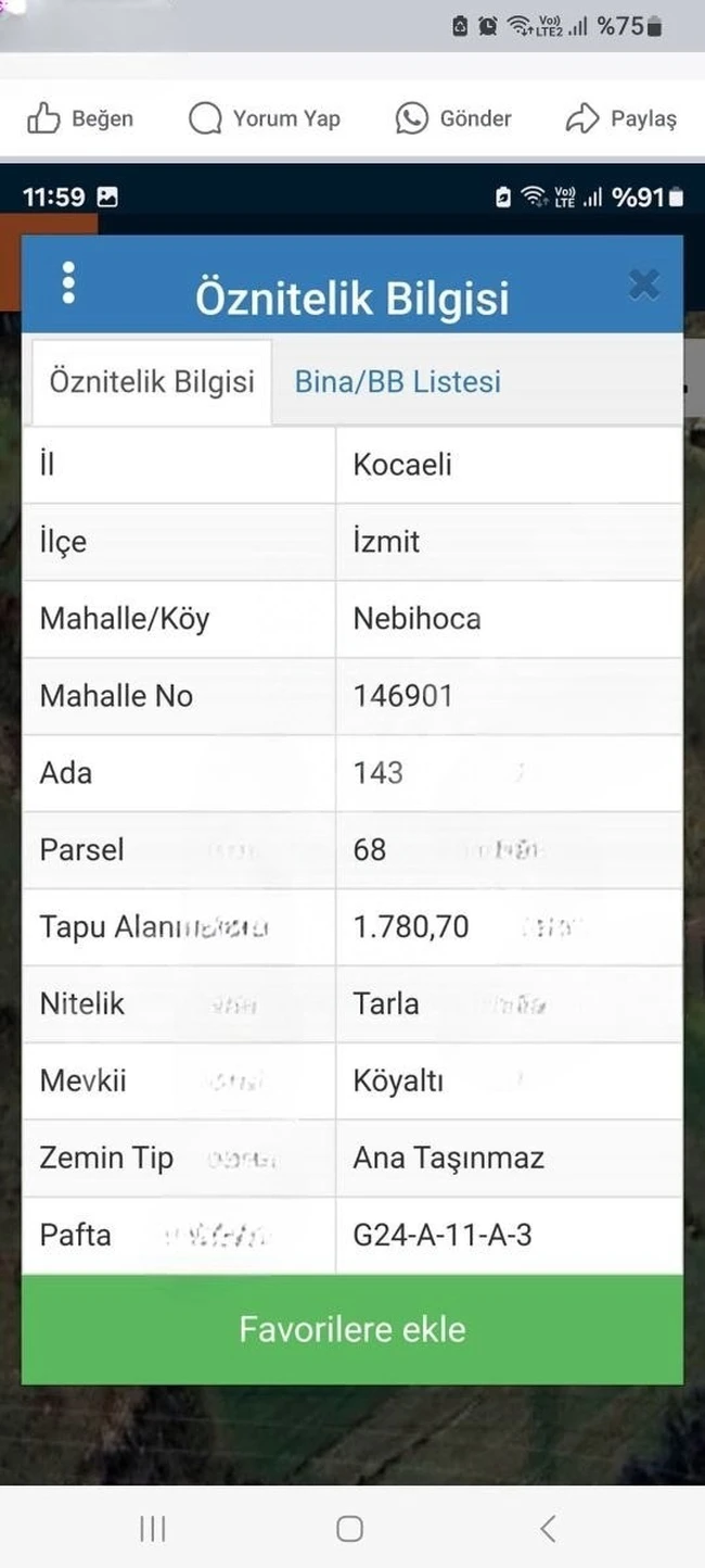 İZMİT NEBİHOCALAR KÖYÜNDE FIRSAT ARAZİ
