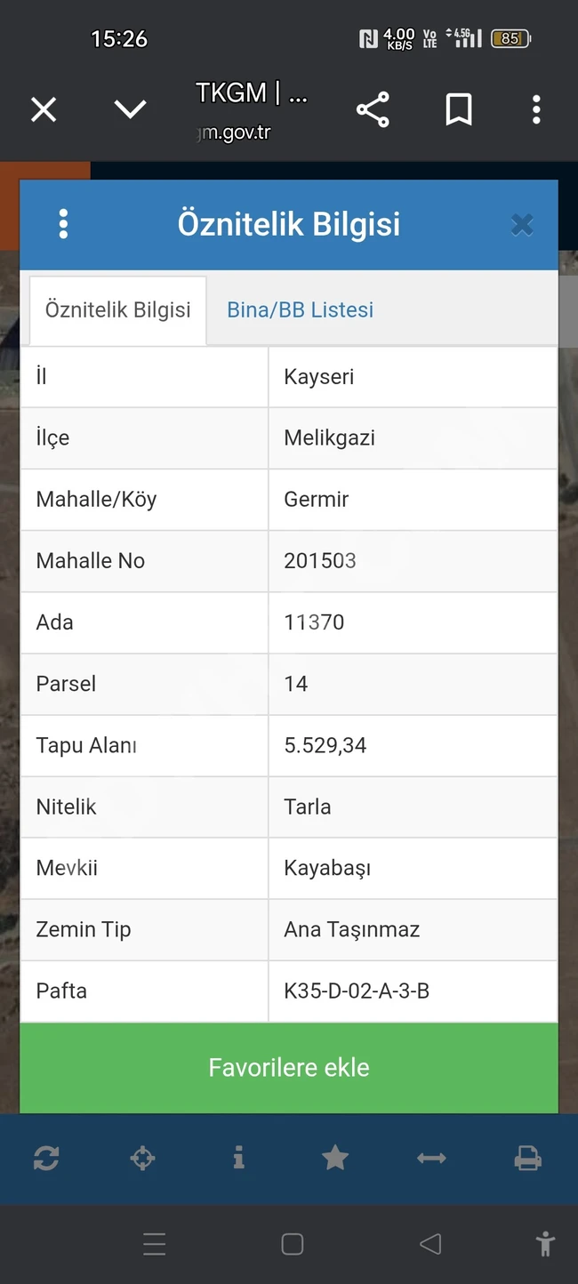 أرض زراعية مشتركة للاستثمار في Kayseri Melikgazi Germir بمساحة 552 متر مربع