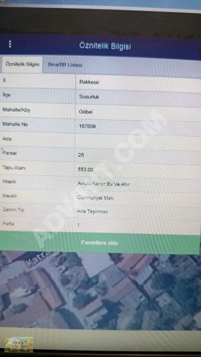 منزل مكون من 3 طوابق مبني على أرض مساحتها 553 متر مربع في Susurluk Göbel بسعر أرض فقط.