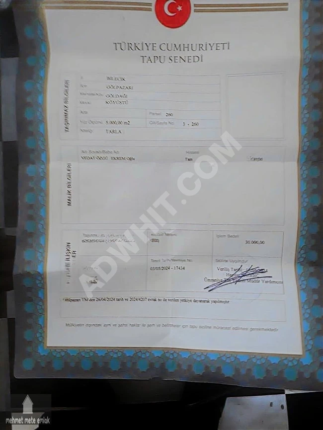 BİLECİK GÖLPAZARI GÖLDAĞI KÖYÜNDE SATILIK ARAZİ