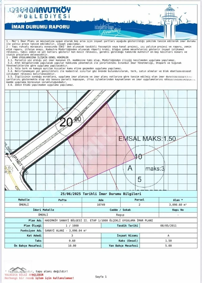 ARNAVUTKÖY ÖMERLİDE SANAYİ İMARLI 1545m2 ARSA