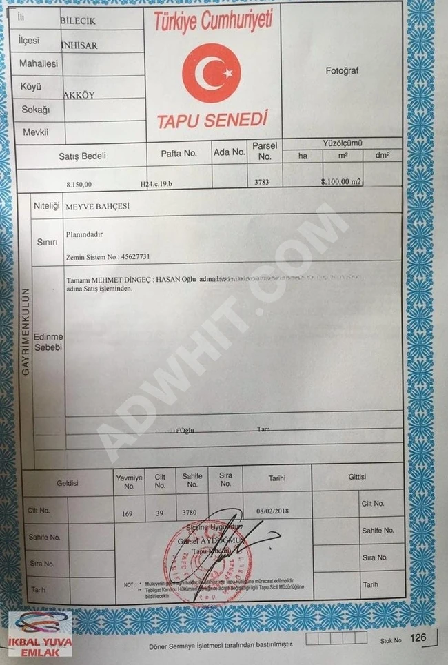 أراضي زراعية بمساحة 27000 متر مربع، مجزأة وموثقة بطابو ملكية، في BİLECİK İNHİSAR AKKÖY