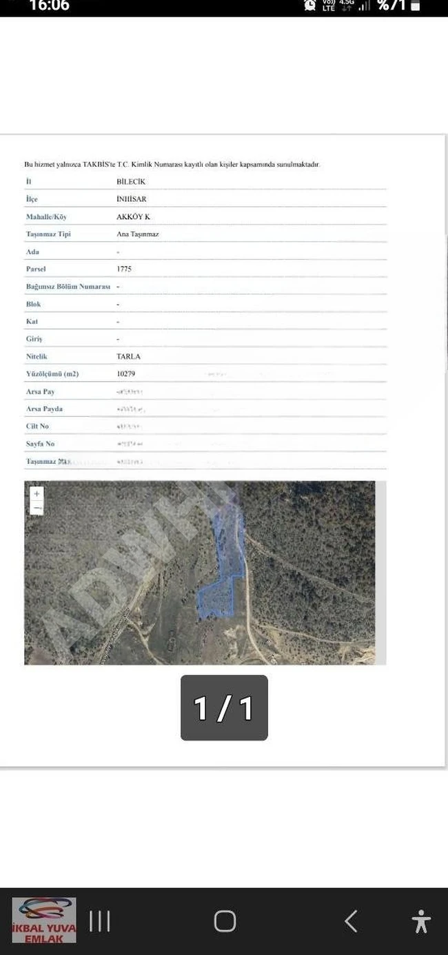 أرض زراعية صالحة لبناء مزرعة للبيع في BİLECİK İNHİSAR AKKÖY