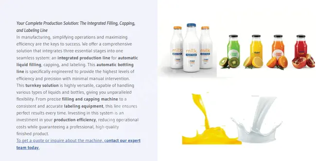 Plastik ve cam şişeler için dolum, kapaklama ve etiketleme hattı