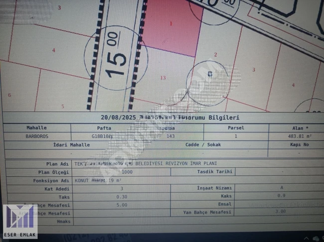 TEKİRDAĞSÜLEYMANPAŞABARBAROSMAHALLESİ483'M'2 3KATKONUTİMARLIARSA