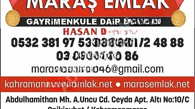MARAŞ EMLAKTAN ÖNSEN DE SATILIK 1334 M2 İMARLI ARSA